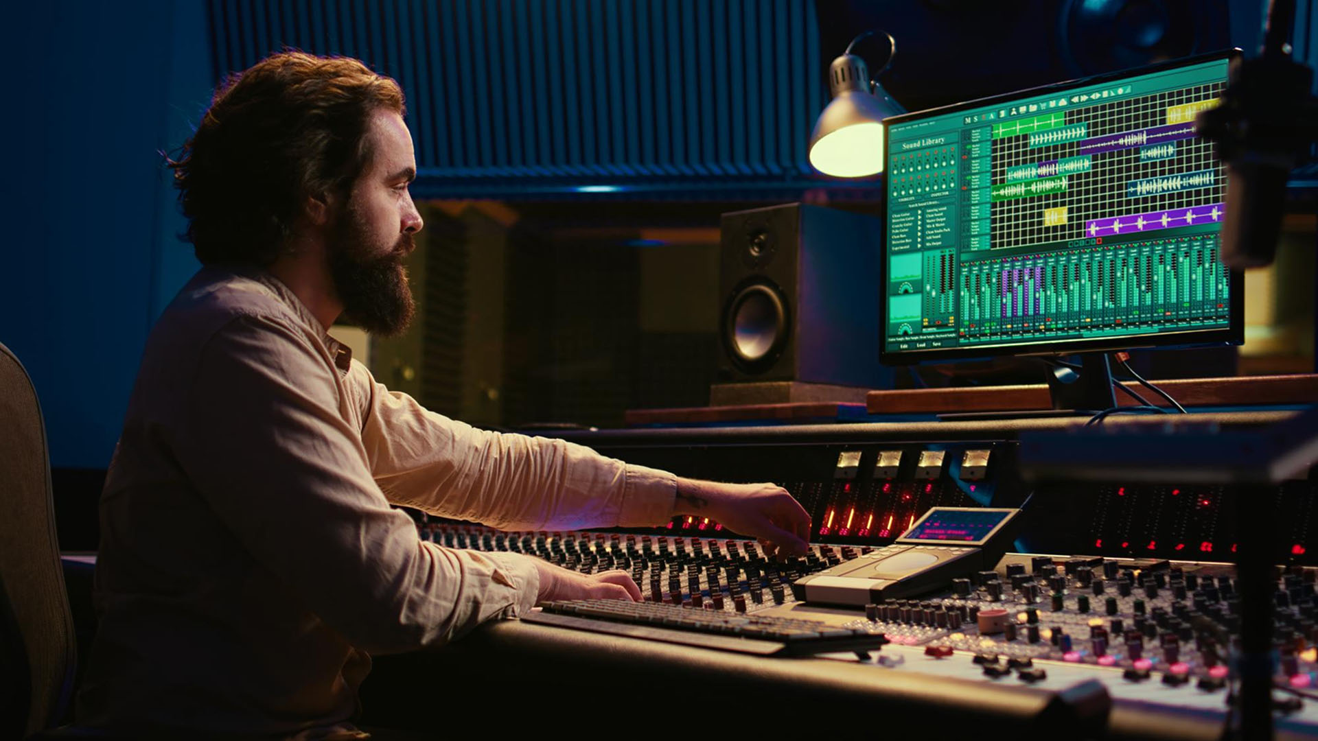 Audio engineer working at a mixing console beside a multitrack session display