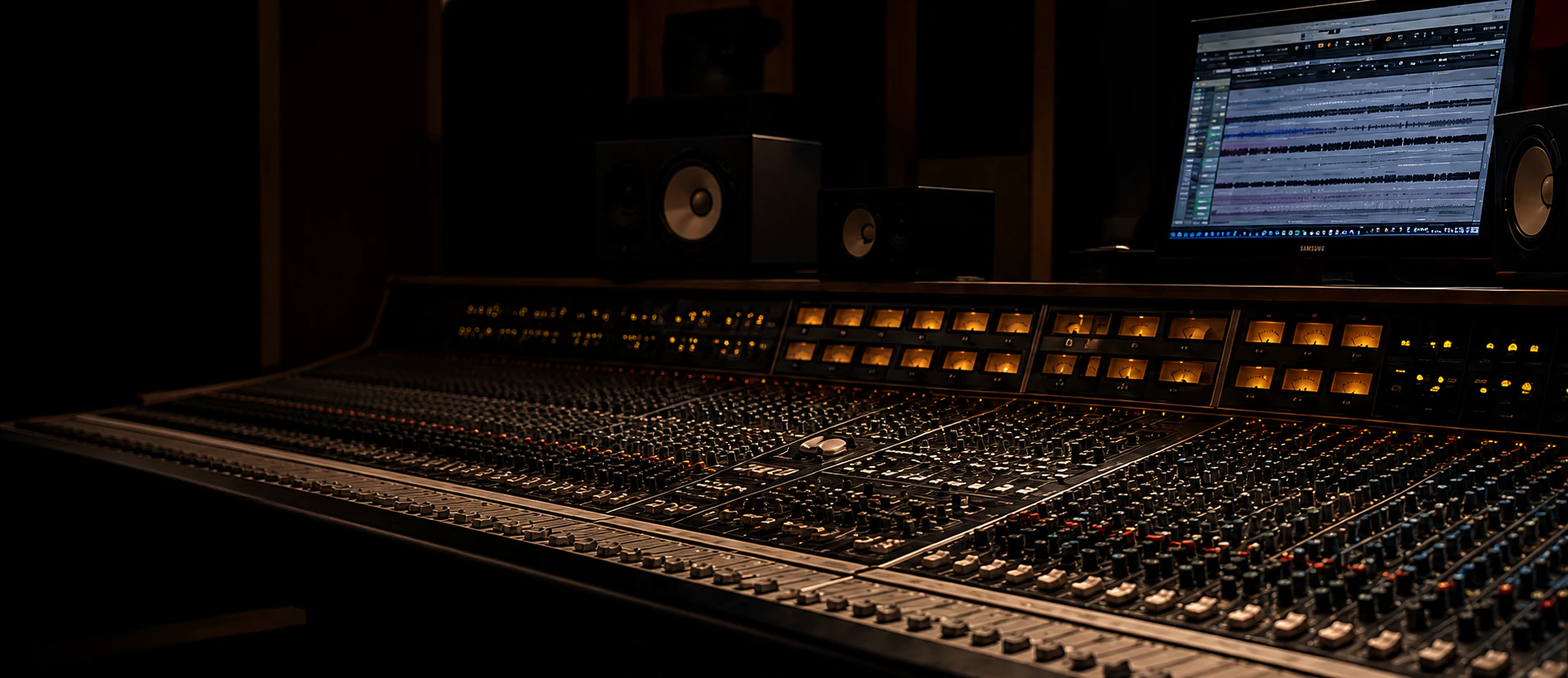 Recording console and session display in a dark control room