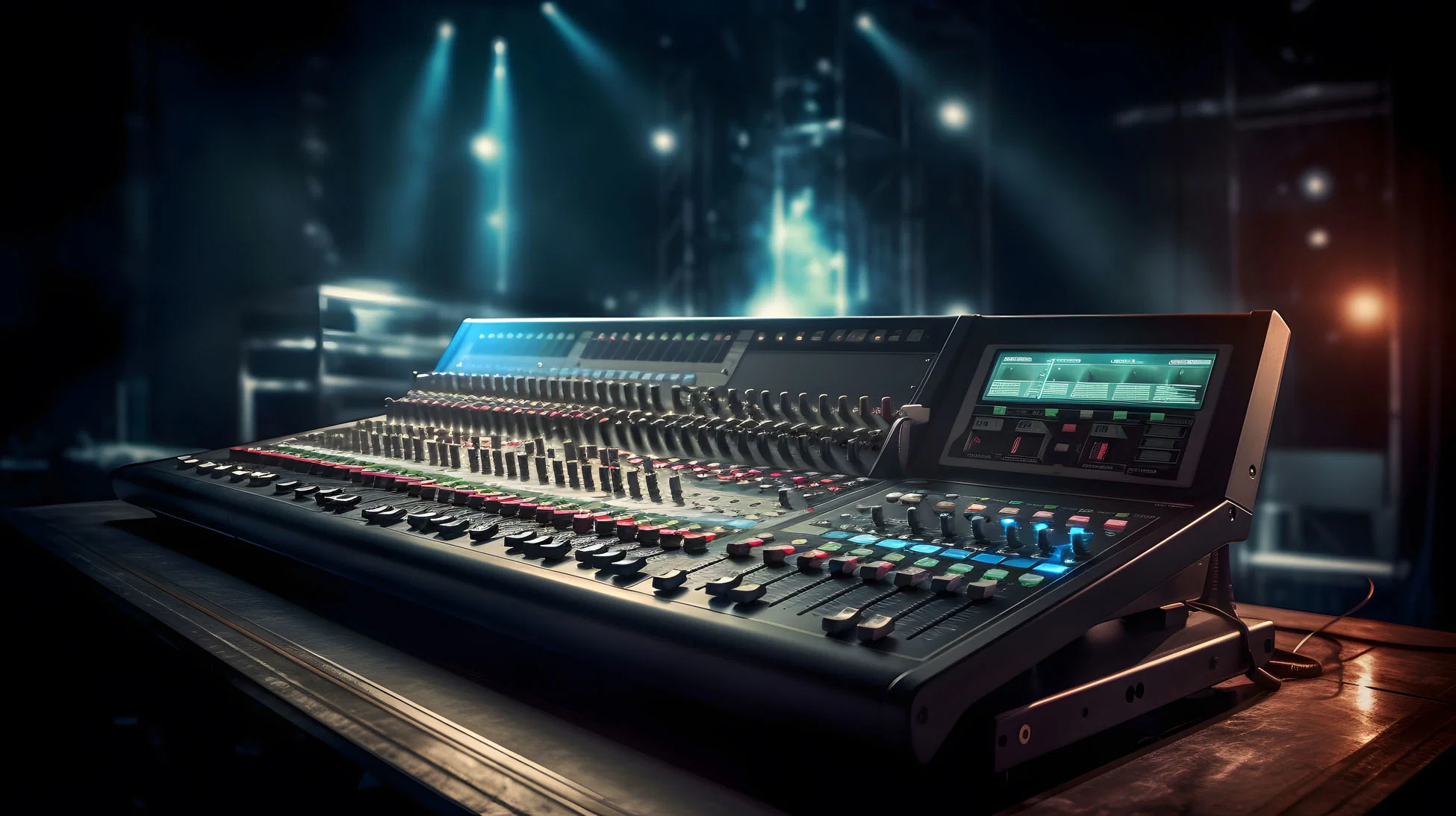 Live sound mixing console facing a performance stage