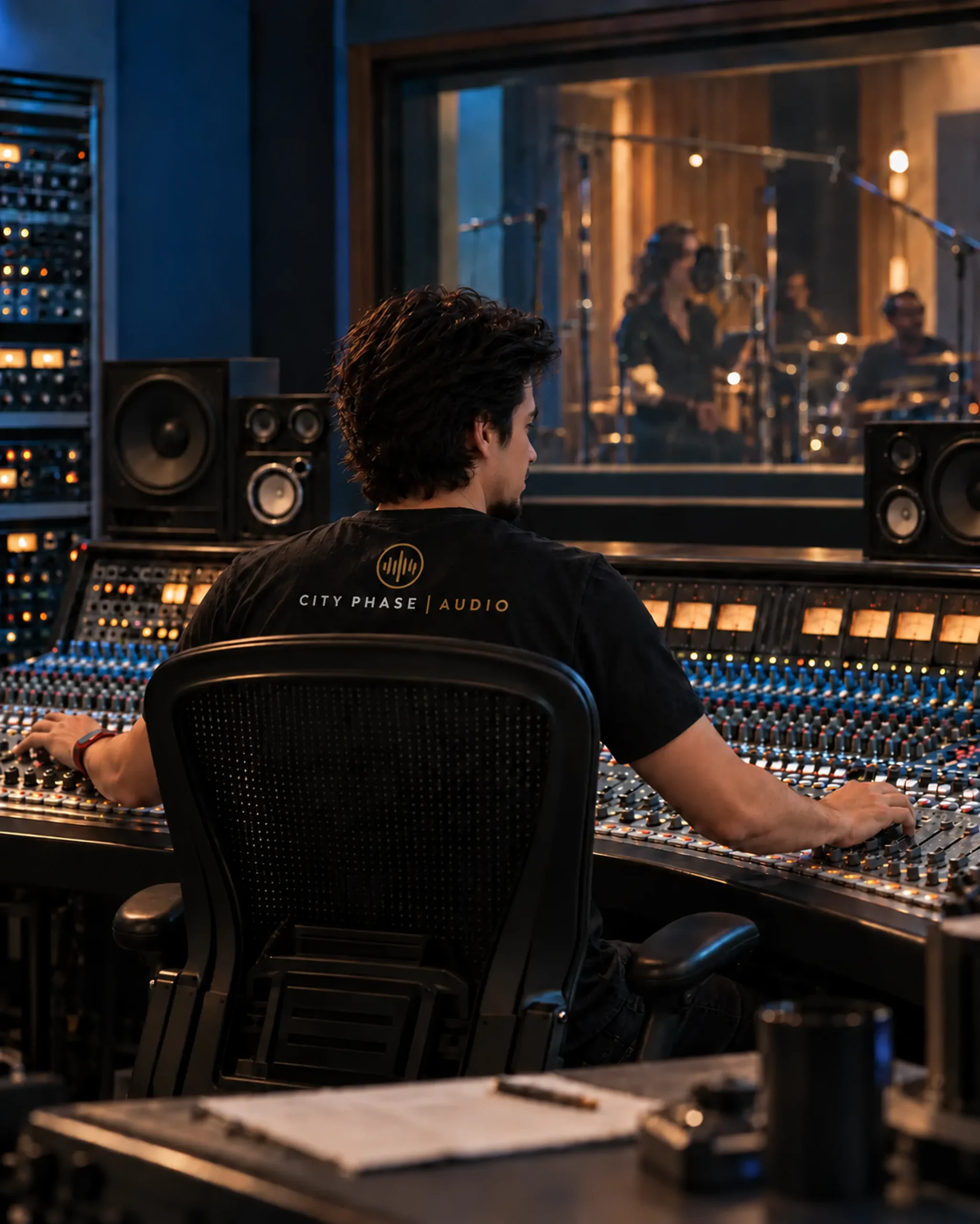 Engineer operating a mixing console during a studio recording session