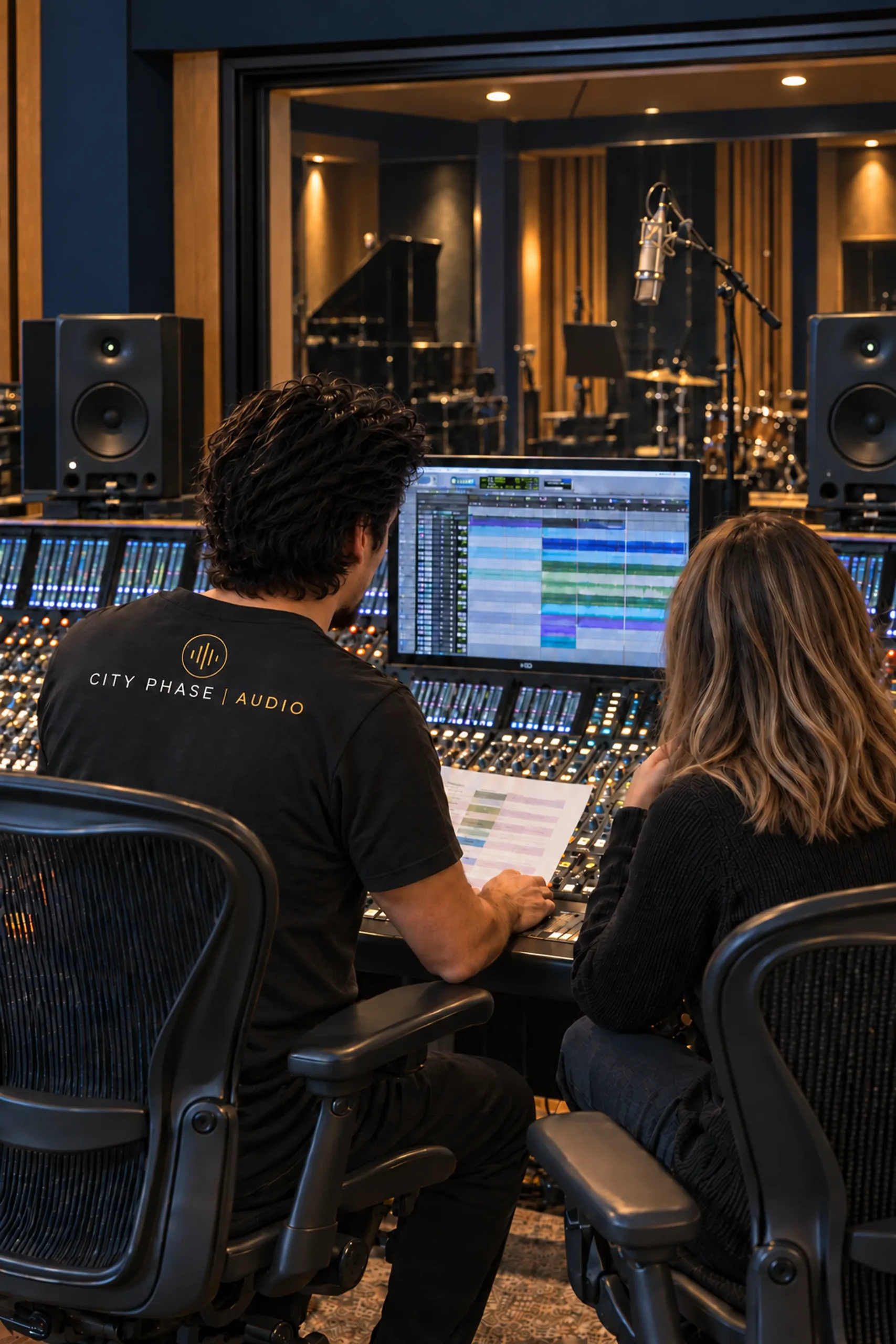 Two people reviewing audio tracks at a studio console
