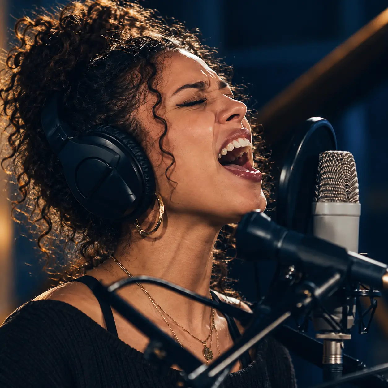 Vocalist wearing headphones singing into a studio microphone