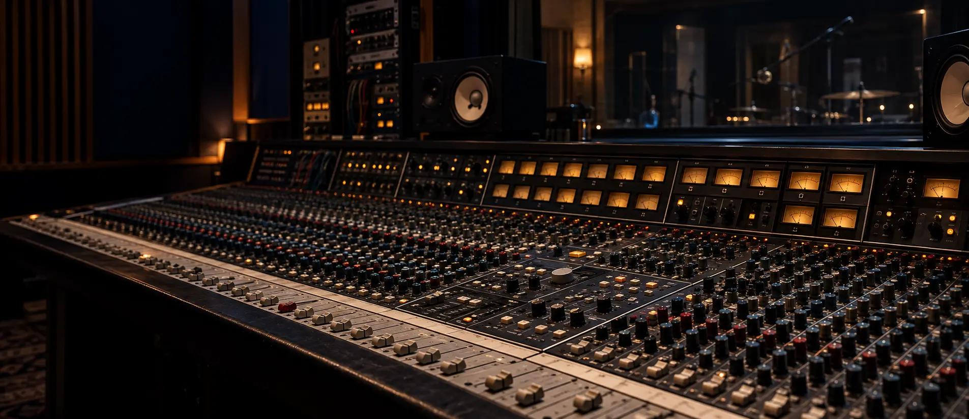 Illuminated mixing console in a dark recording control room