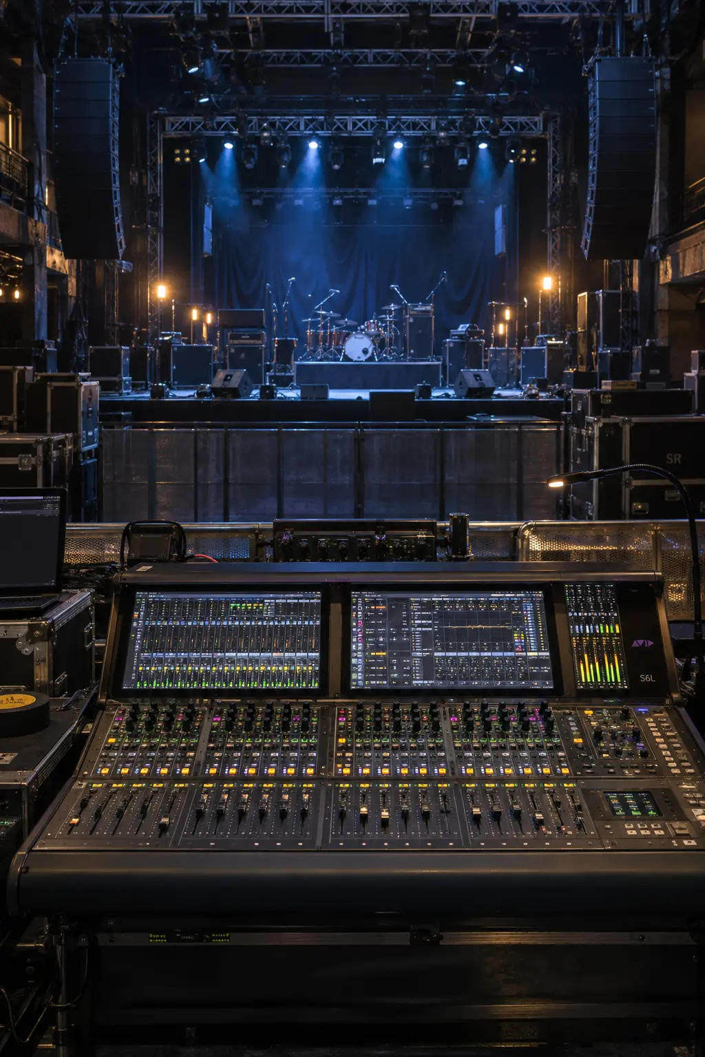 Front-of-house mixing console facing a live performance stage