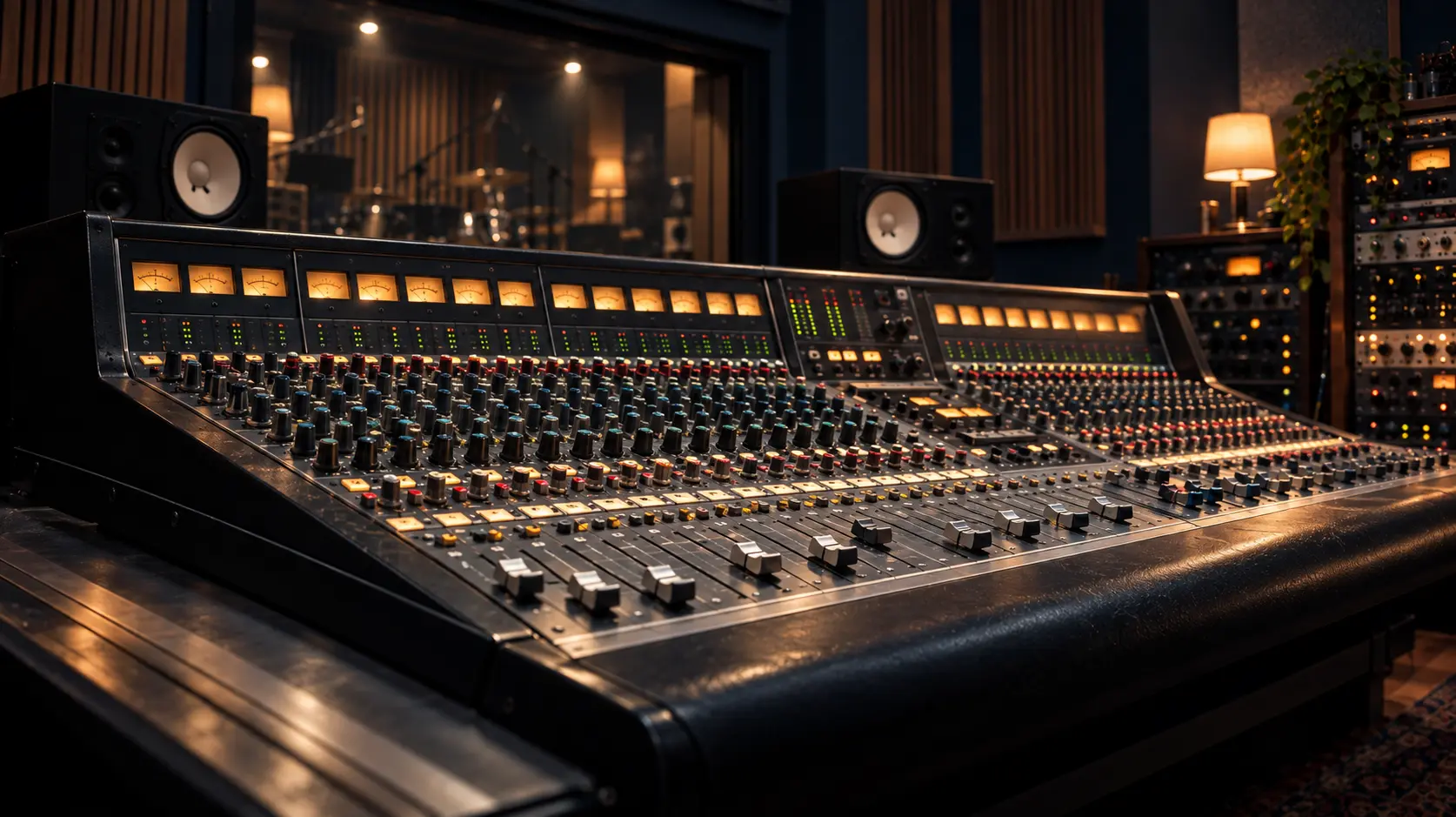 Professional recording studio console with illuminated controls