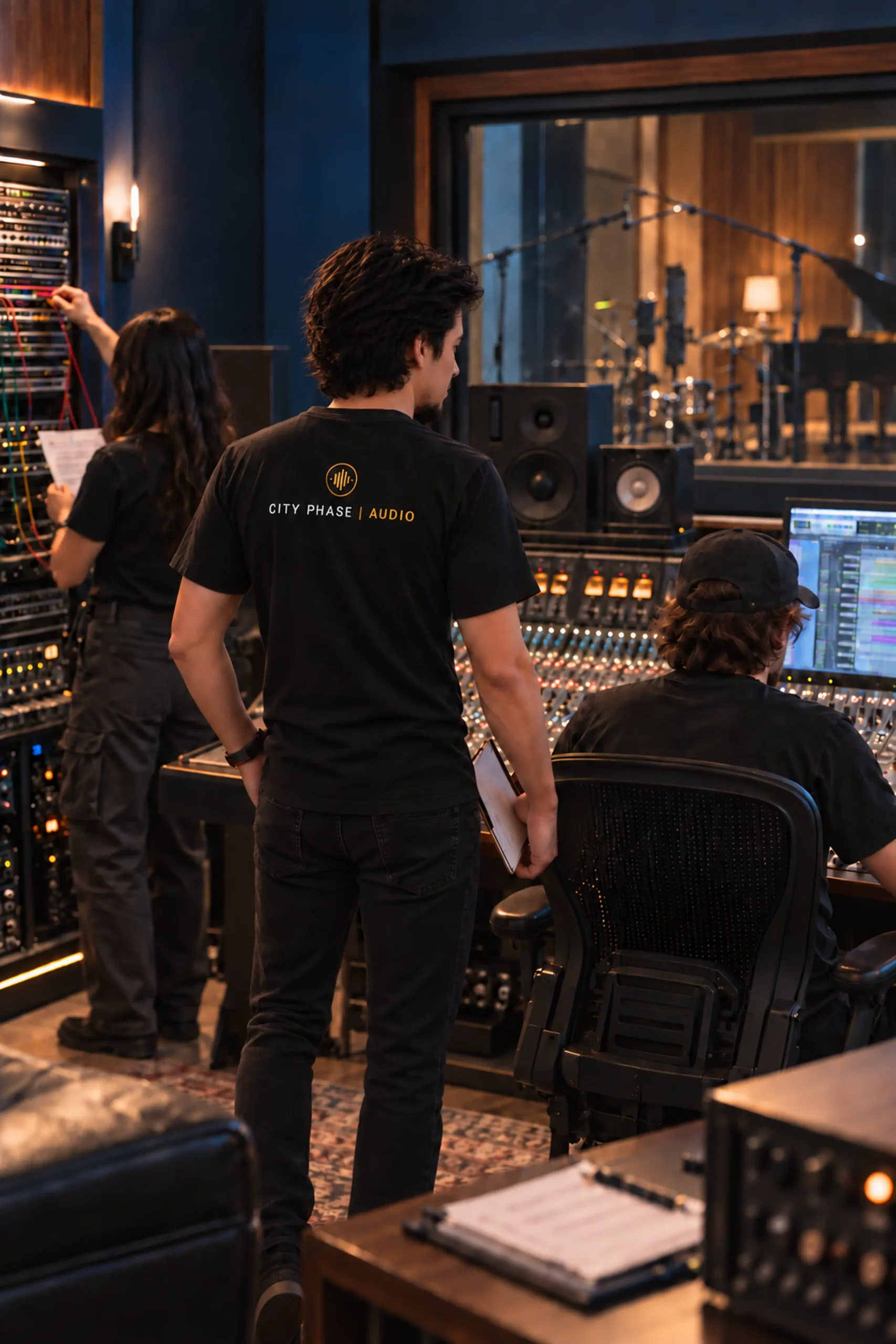 Studio team working at a mixing console and equipment racks